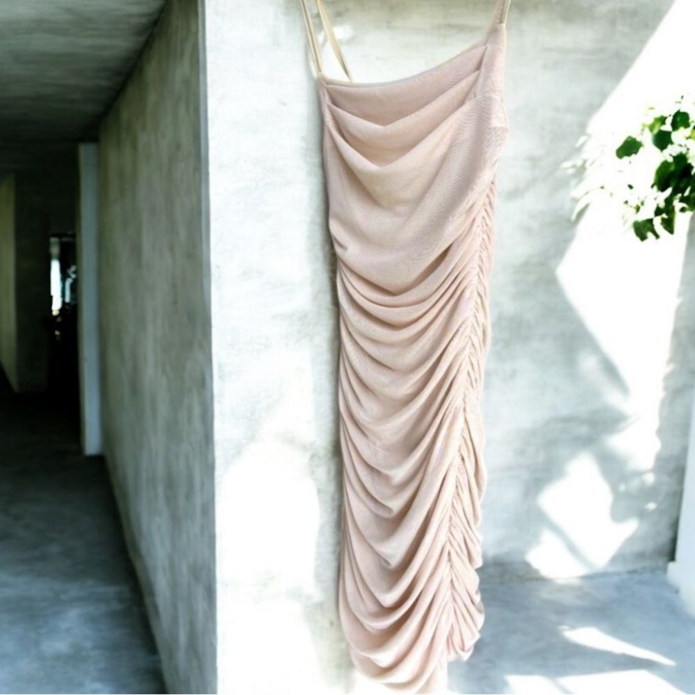 Cream Ruched Mini Dress Back Tie Stretch Boutique Bali Resort Coquette - Picture 3 of 4